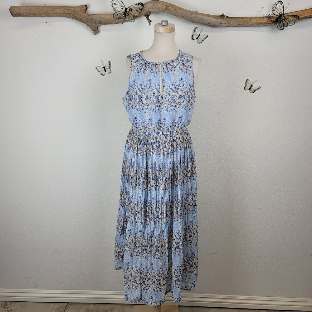 Maison Jules blue micro pleated floral dress